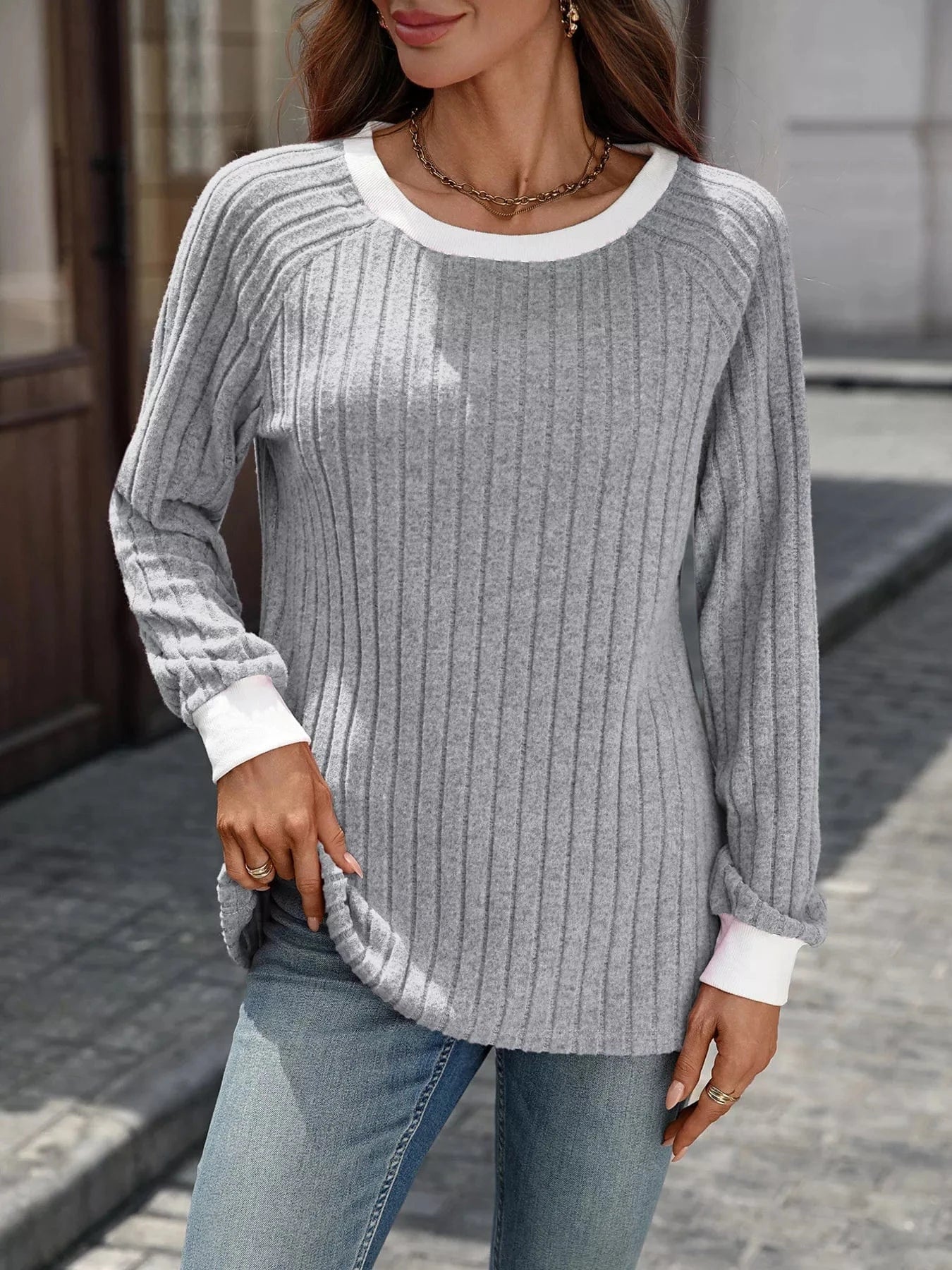 Ribbed Round Neck Raglan Sleeve Knit Top Tops and sweaters and T-Shirts