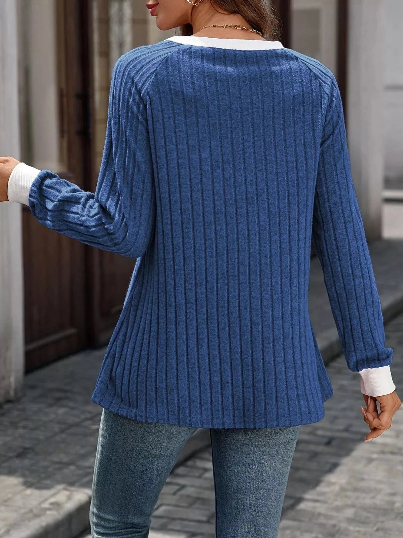 Ribbed Round Neck Raglan Sleeve Knit Top Tops and sweaters and T-Shirts