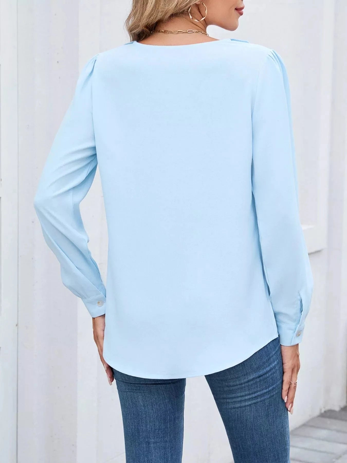 Ruffled V-Neck Long Sleeve Blouse Tops and sweaters and T-Shirts