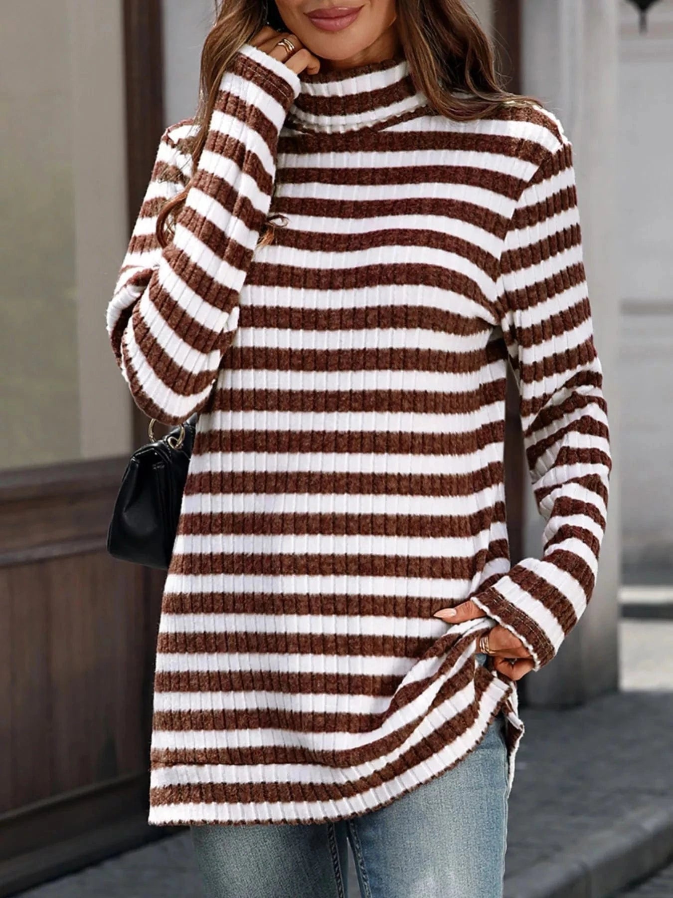 Rust Striped Turtleneck Long Sleeve Knit Top Tops and sweaters and T-Shirts