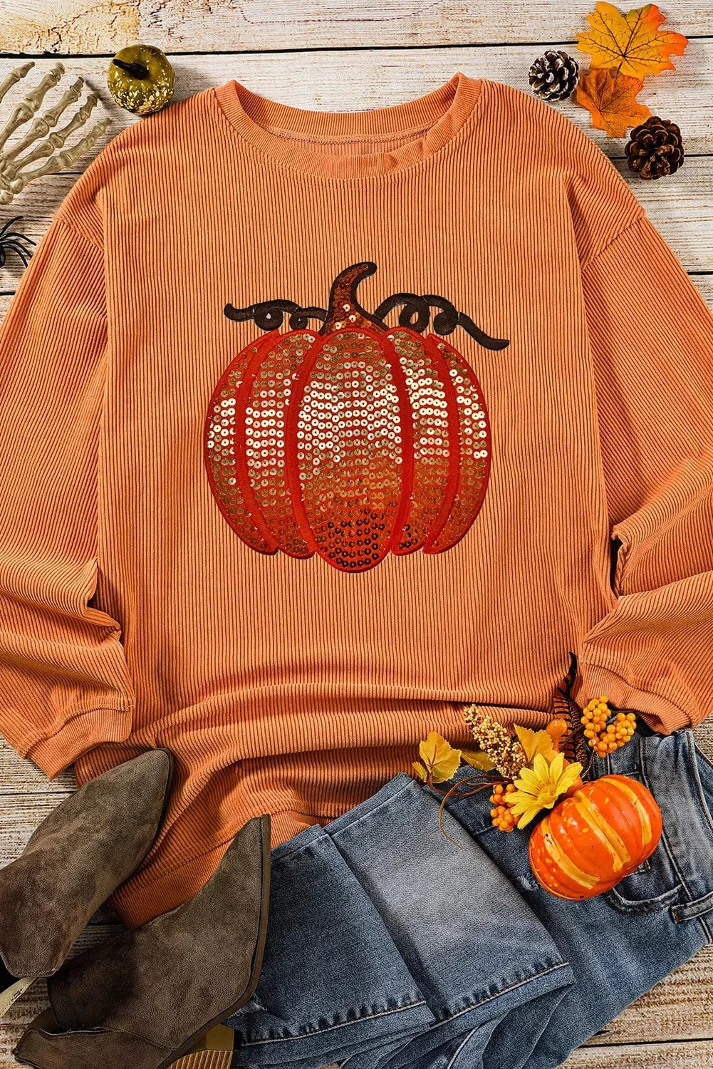 Sequin Pumpkin Round Neck Long Sleeve Sweatshirt Tops and sweaters and T-Shirts