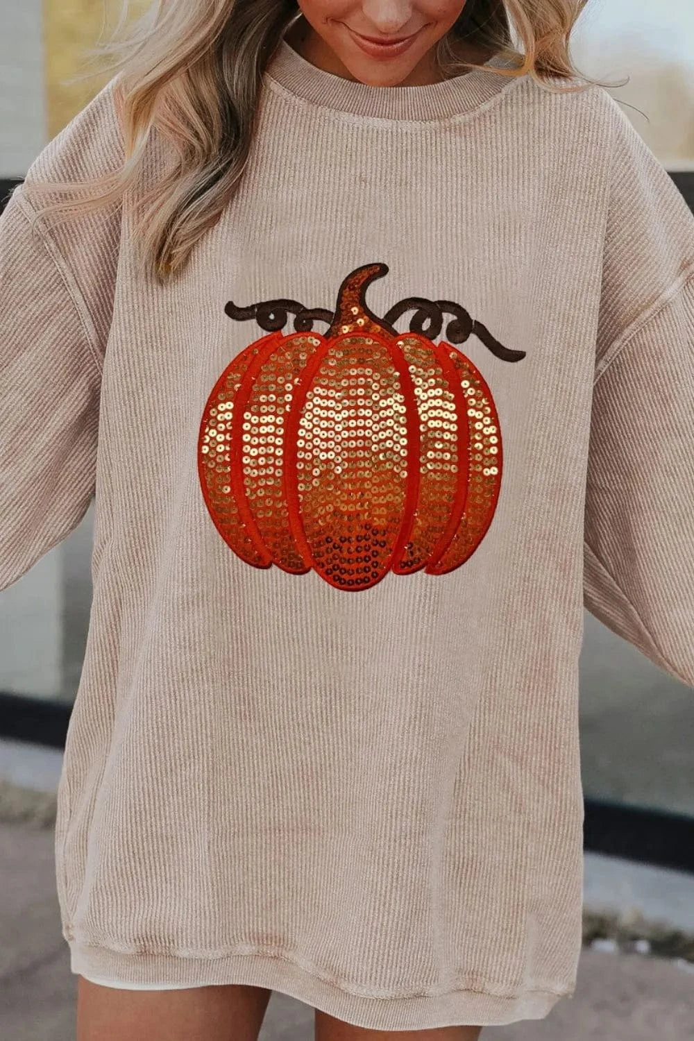Sequin Pumpkin Round Neck Long Sleeve Sweatshirt Tops and sweaters and T-Shirts