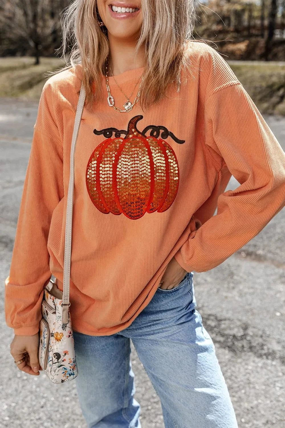 Sequin Pumpkin Round Neck Long Sleeve Sweatshirt Tops and sweaters and T-Shirts
