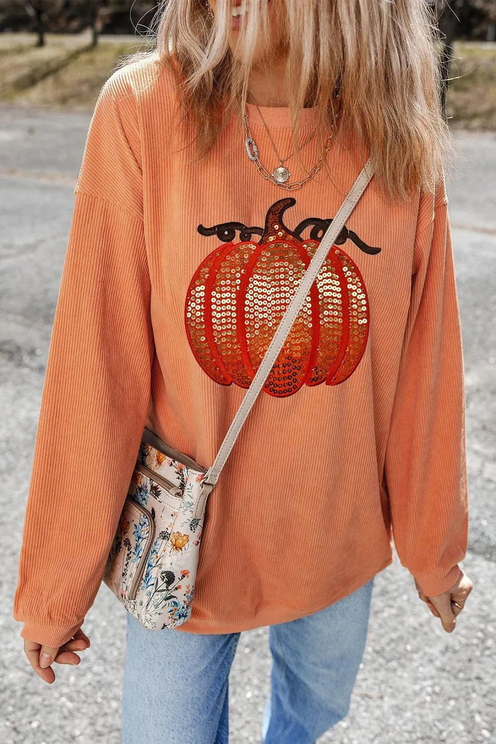 Sequin Pumpkin Round Neck Long Sleeve Sweatshirt Tops and sweaters and T-Shirts