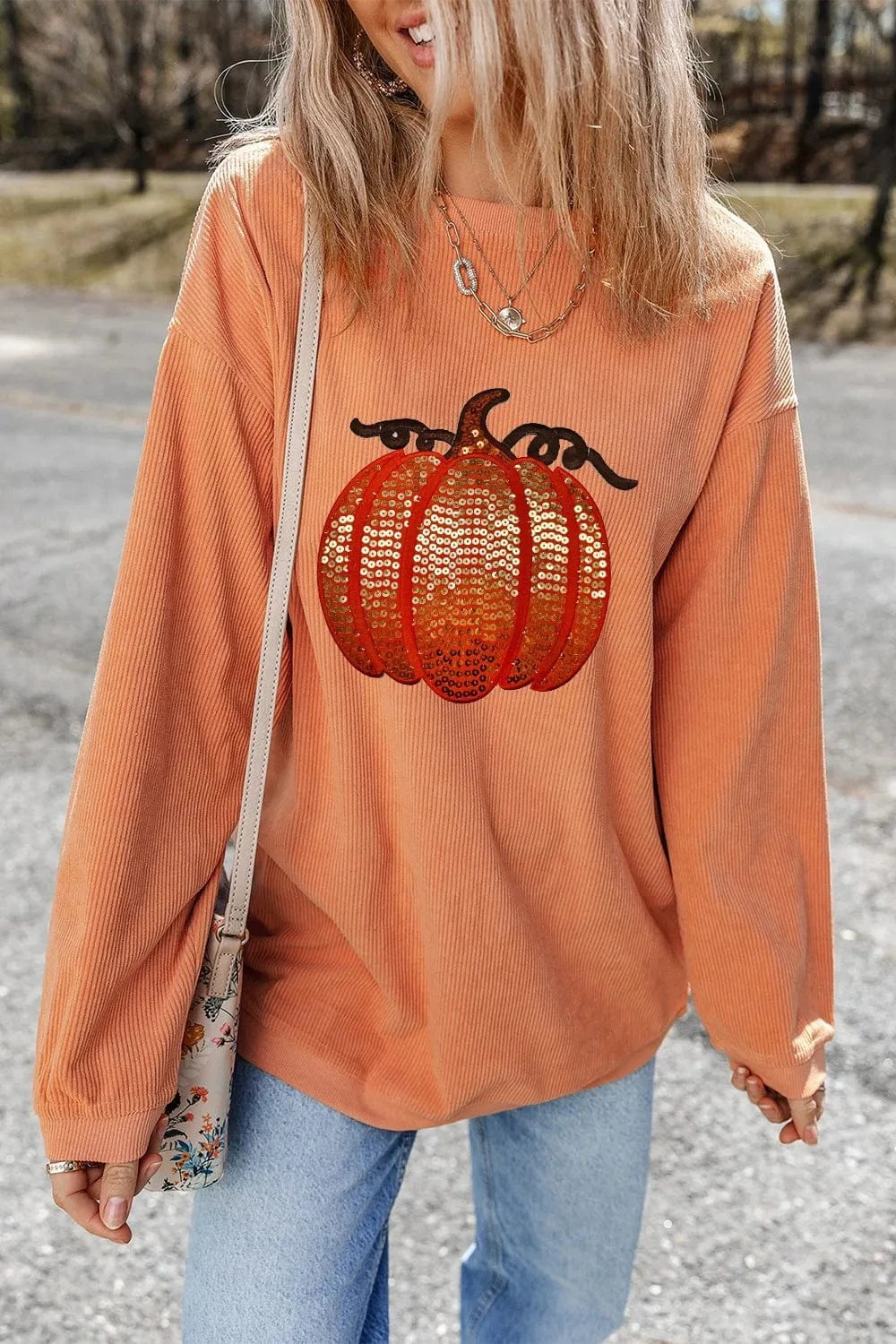 Sherbet Sequin Pumpkin Round Neck Long Sleeve Sweatshirt Tops and sweaters and T-Shirts