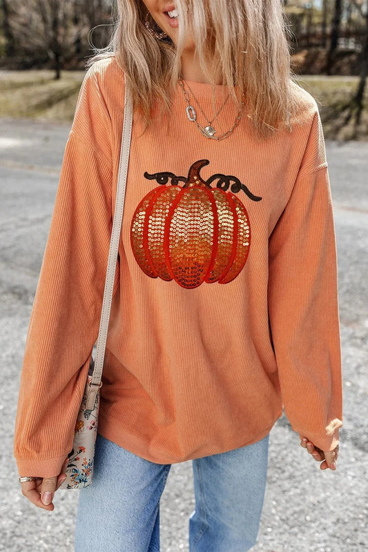 Sherbet Sequin Pumpkin Round Neck Long Sleeve Sweatshirt Tops and sweaters and T-Shirts