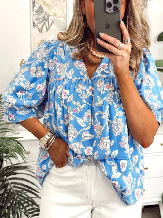 Sky Blue Notched Floral Print 3/4 Puff Sleeve Blouse Tops and sweaters and T-Shirts