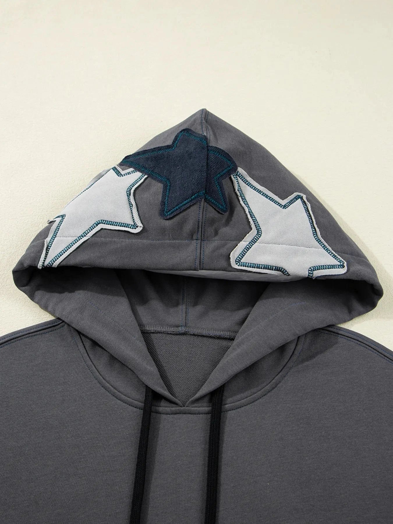 Star Patchwork Contrast Stitching Mineral Wash Kangaroo Pocket Hoodie Tops and sweaters and T-Shirts