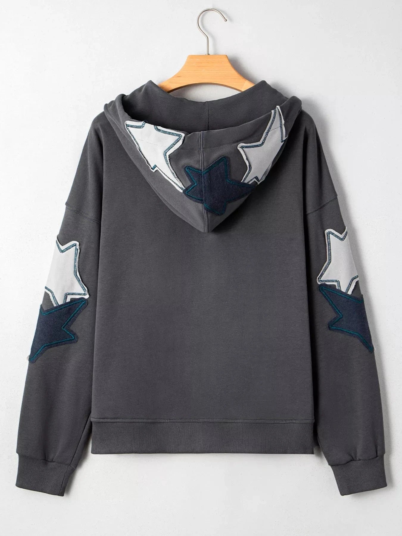 Star Patchwork Contrast Stitching Mineral Wash Kangaroo Pocket Hoodie Tops and sweaters and T-Shirts
