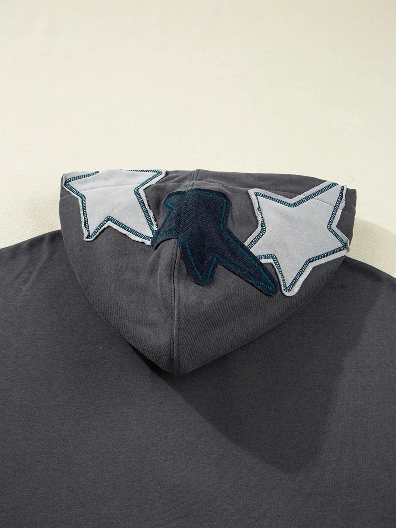 Star Patchwork Contrast Stitching Mineral Wash Kangaroo Pocket Hoodie Tops and sweaters and T-Shirts