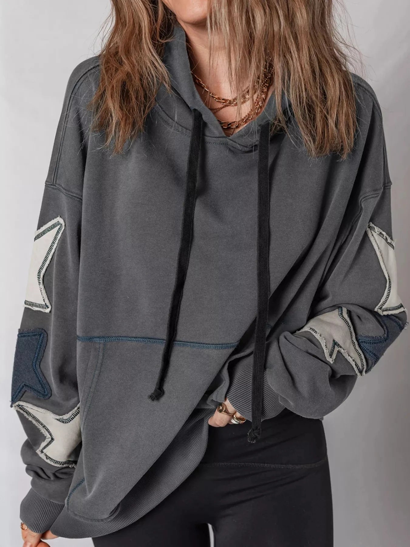 Star Patchwork Contrast Stitching Mineral Wash Kangaroo Pocket Hoodie Tops and sweaters and T-Shirts