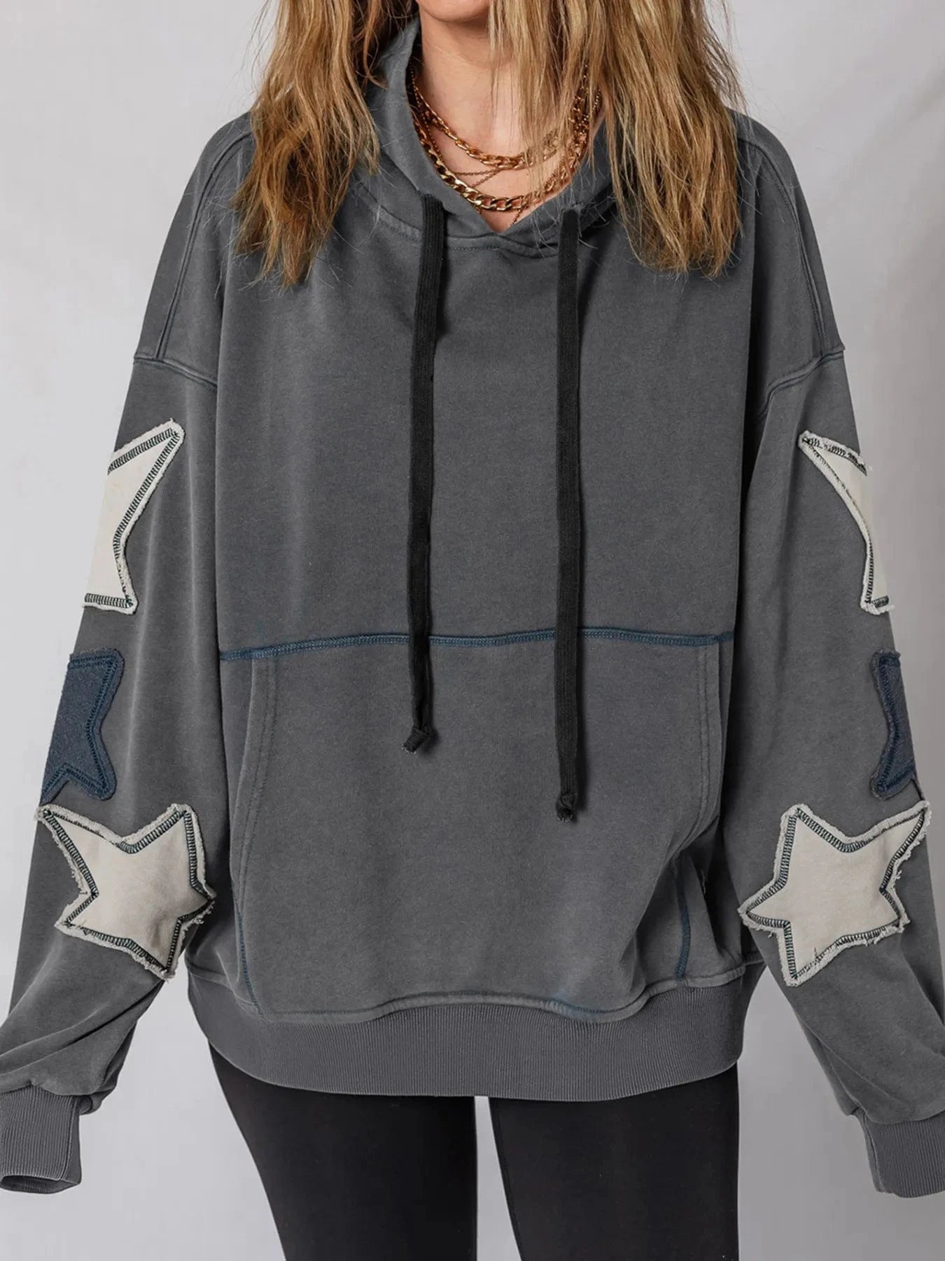 Star Patchwork Contrast Stitching Mineral Wash Kangaroo Pocket Hoodie Tops and sweaters and T-Shirts