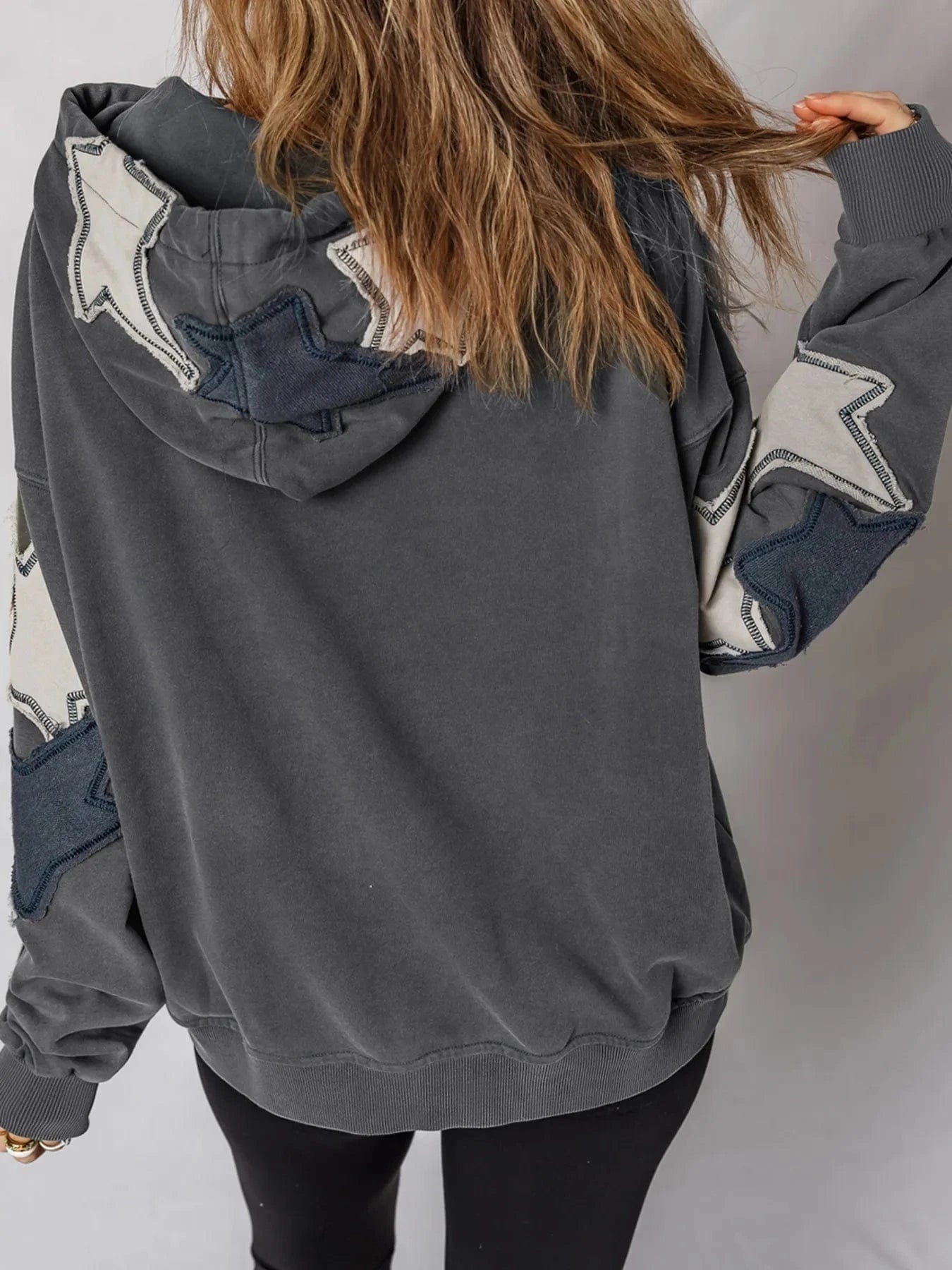 Star Patchwork Contrast Stitching Mineral Wash Kangaroo Pocket Hoodie Tops and sweaters and T-Shirts