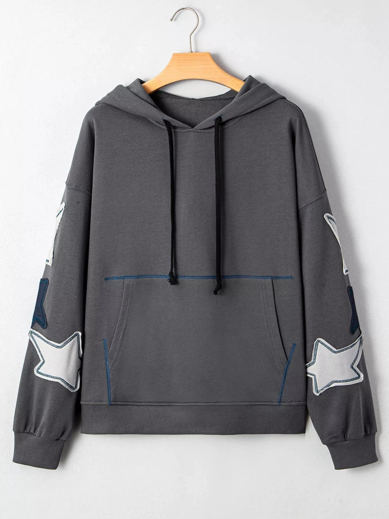 Star Patchwork Contrast Stitching Mineral Wash Kangaroo Pocket Hoodie Tops and sweaters and T-Shirts