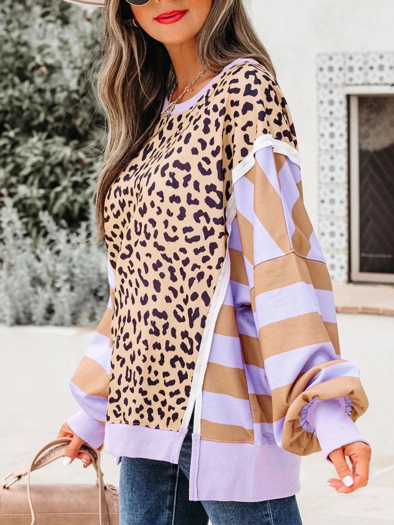 Stripe Color Block Patchwork Leopard Casual Sweatshirt with Slits Tops and sweaters and T-Shirts
