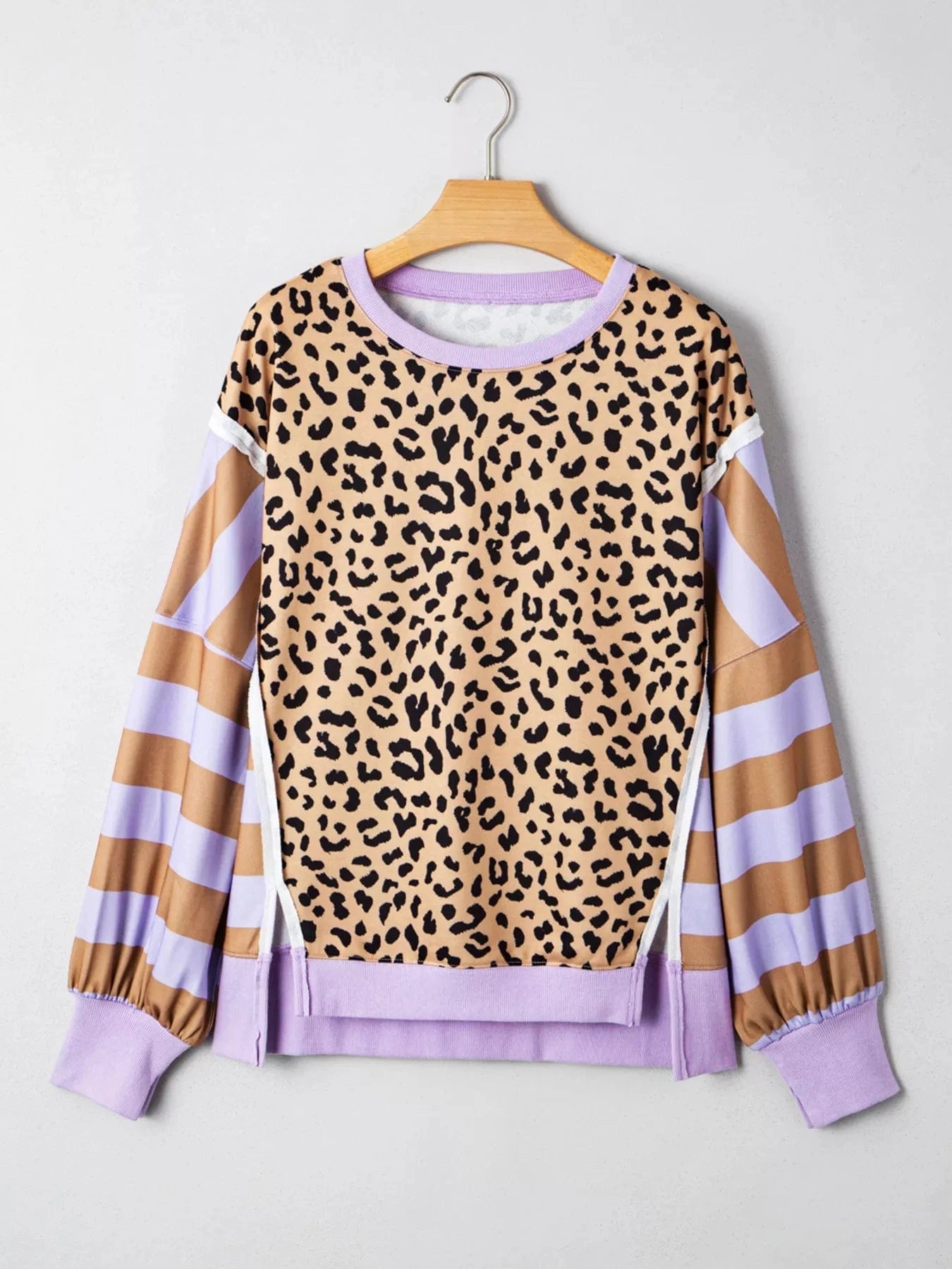 Stripe Color Block Patchwork Leopard Casual Sweatshirt with Slits Tops and sweaters and T-Shirts