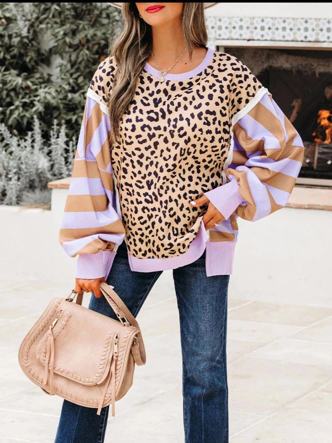 Stripe Color Block Patchwork Leopard Casual Sweatshirt with Slits Tops and sweaters and T-Shirts