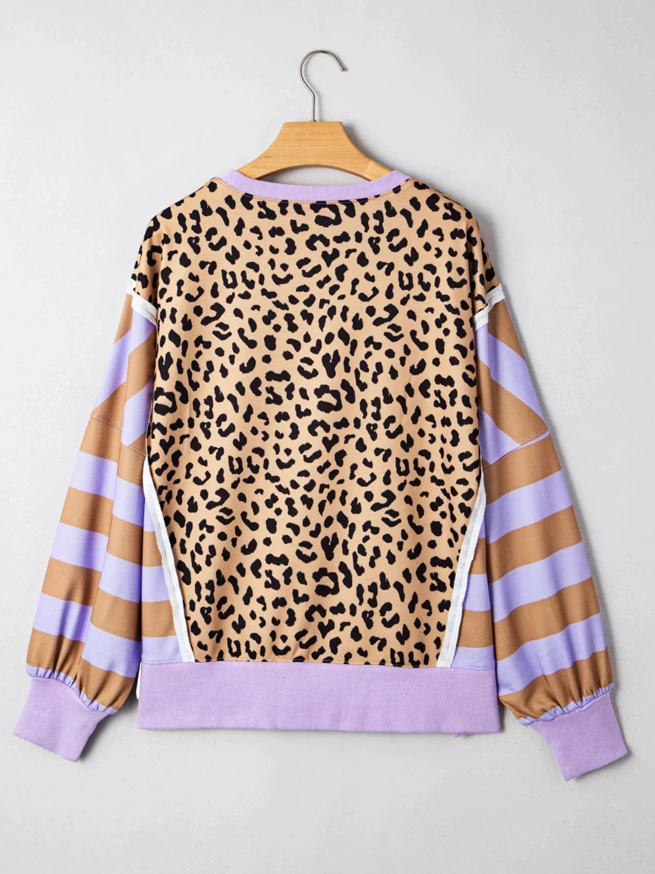 Stripe Color Block Patchwork Leopard Casual Sweatshirt with Slits Tops and sweaters and T-Shirts