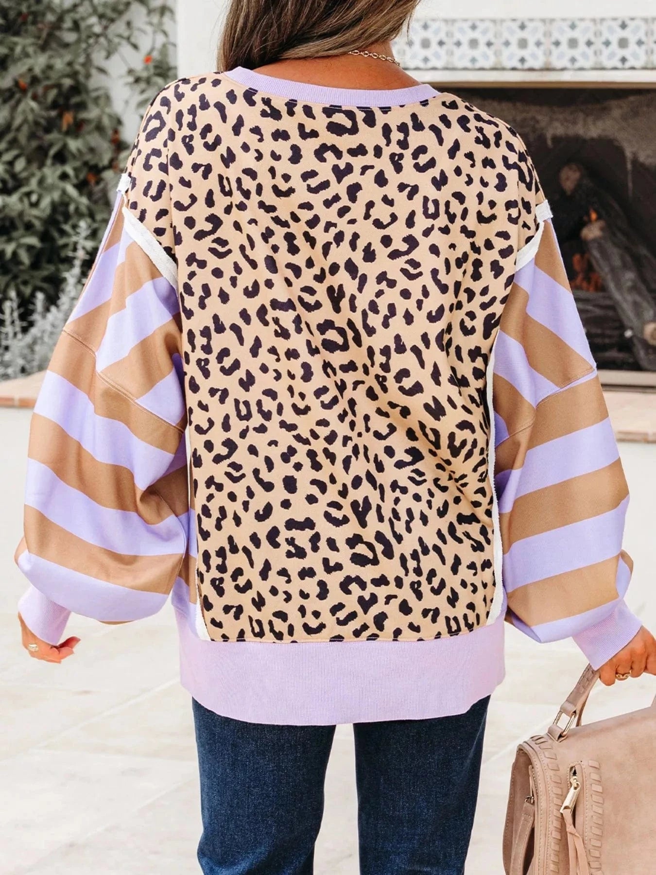 Stripe Color Block Patchwork Leopard Casual Sweatshirt with Slits Tops and sweaters and T-Shirts