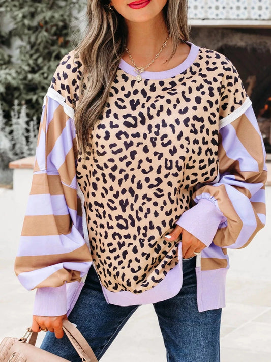 Stripe Color Block Patchwork Leopard Casual Sweatshirt with Slits Tops and sweaters and T-Shirts