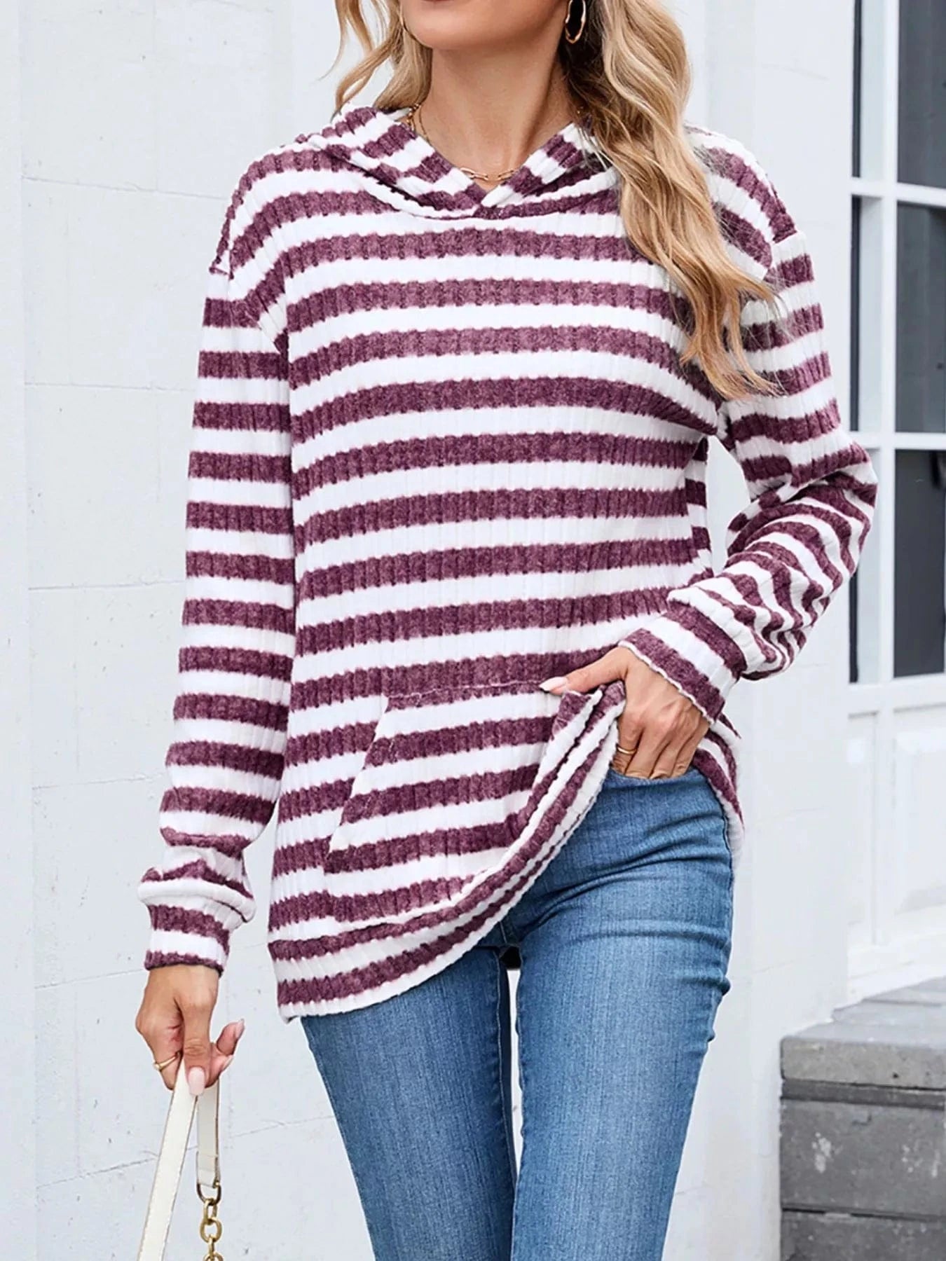 Striped Dropped Shoulder Hoodie Tops and sweaters and T-Shirts