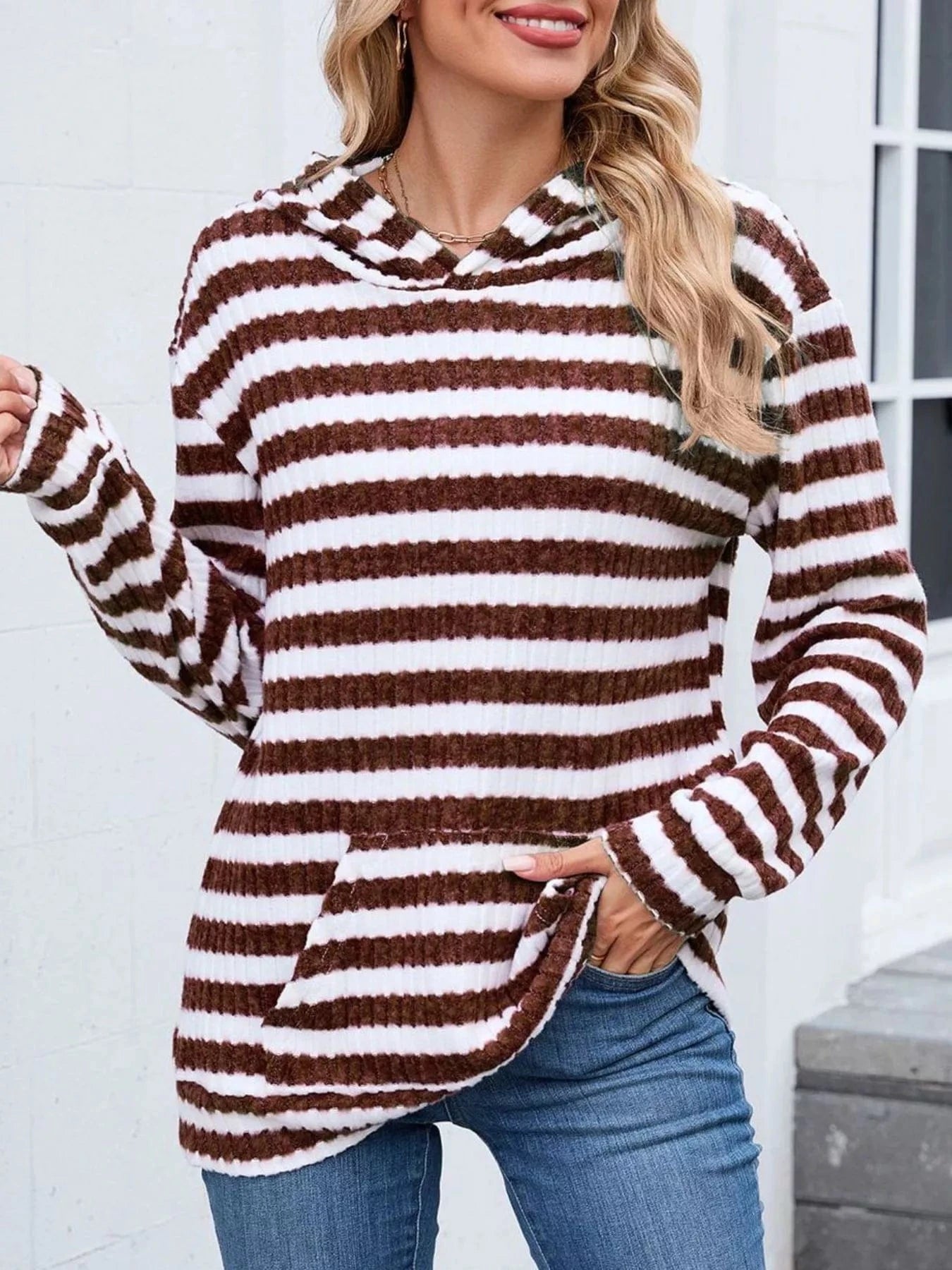 Striped Dropped Shoulder Hoodie Tops and sweaters and T-Shirts