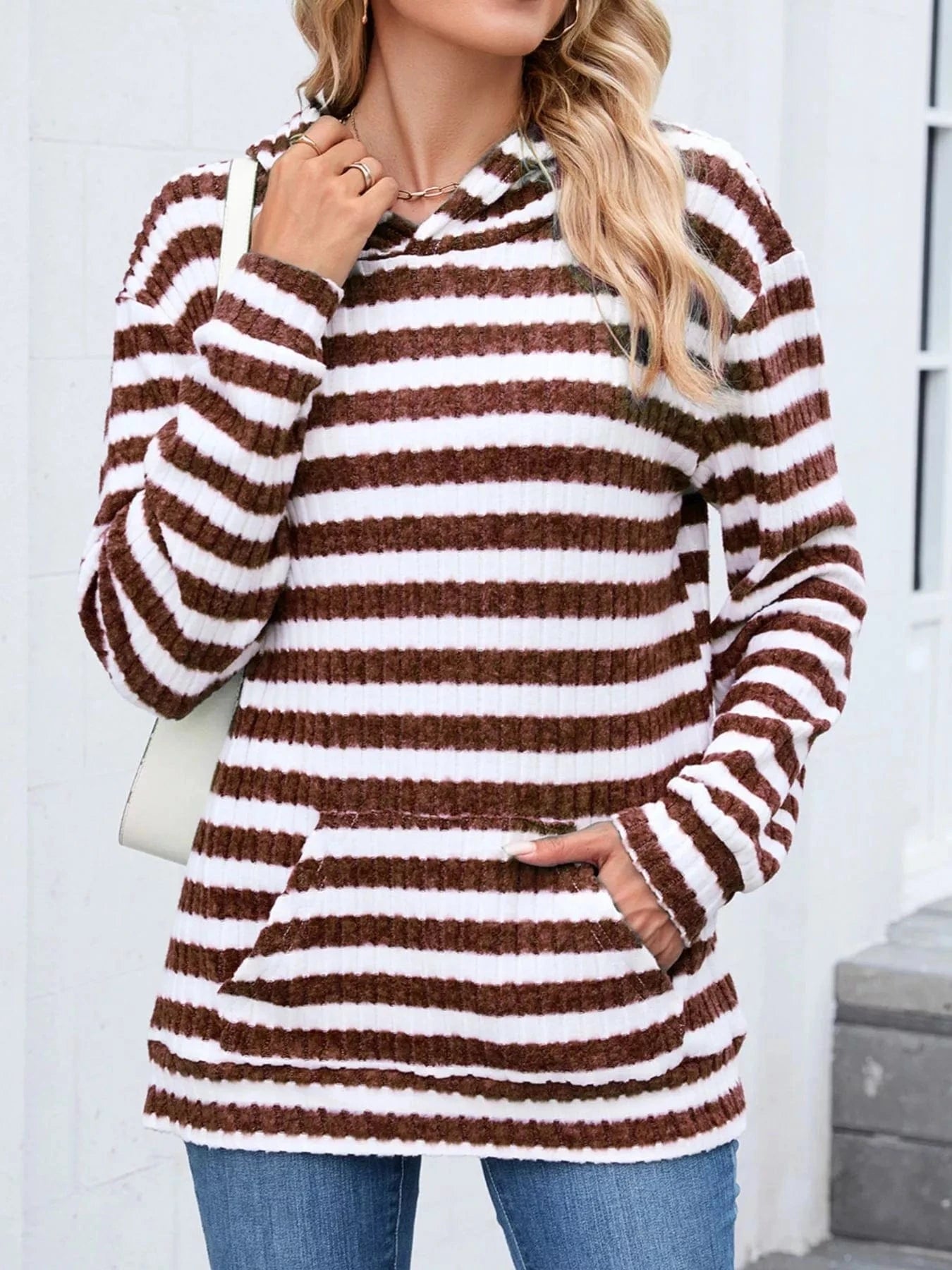 Striped Dropped Shoulder Hoodie Tops and sweaters and T-Shirts