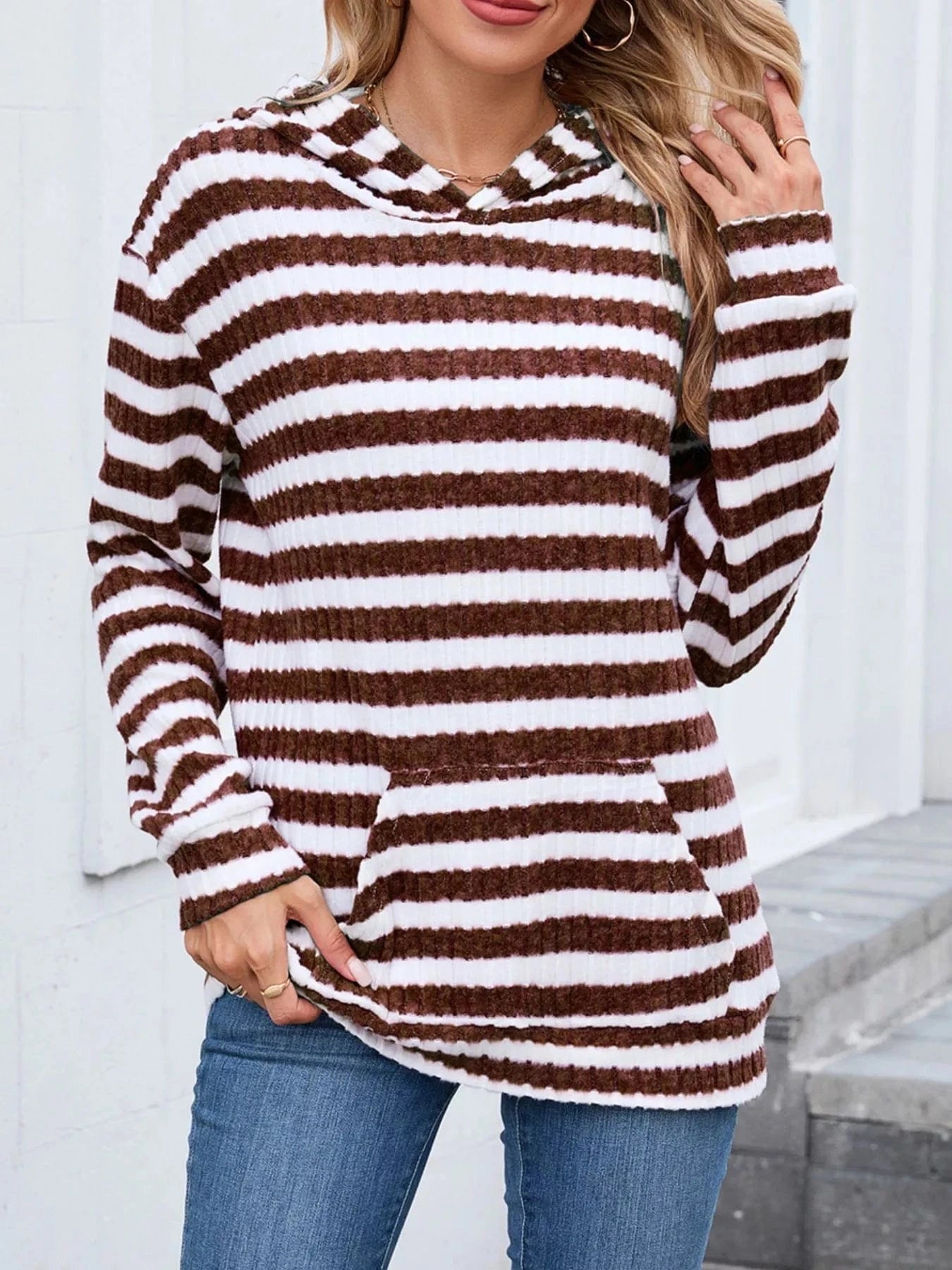 Striped Dropped Shoulder Hoodie Tops and sweaters and T-Shirts