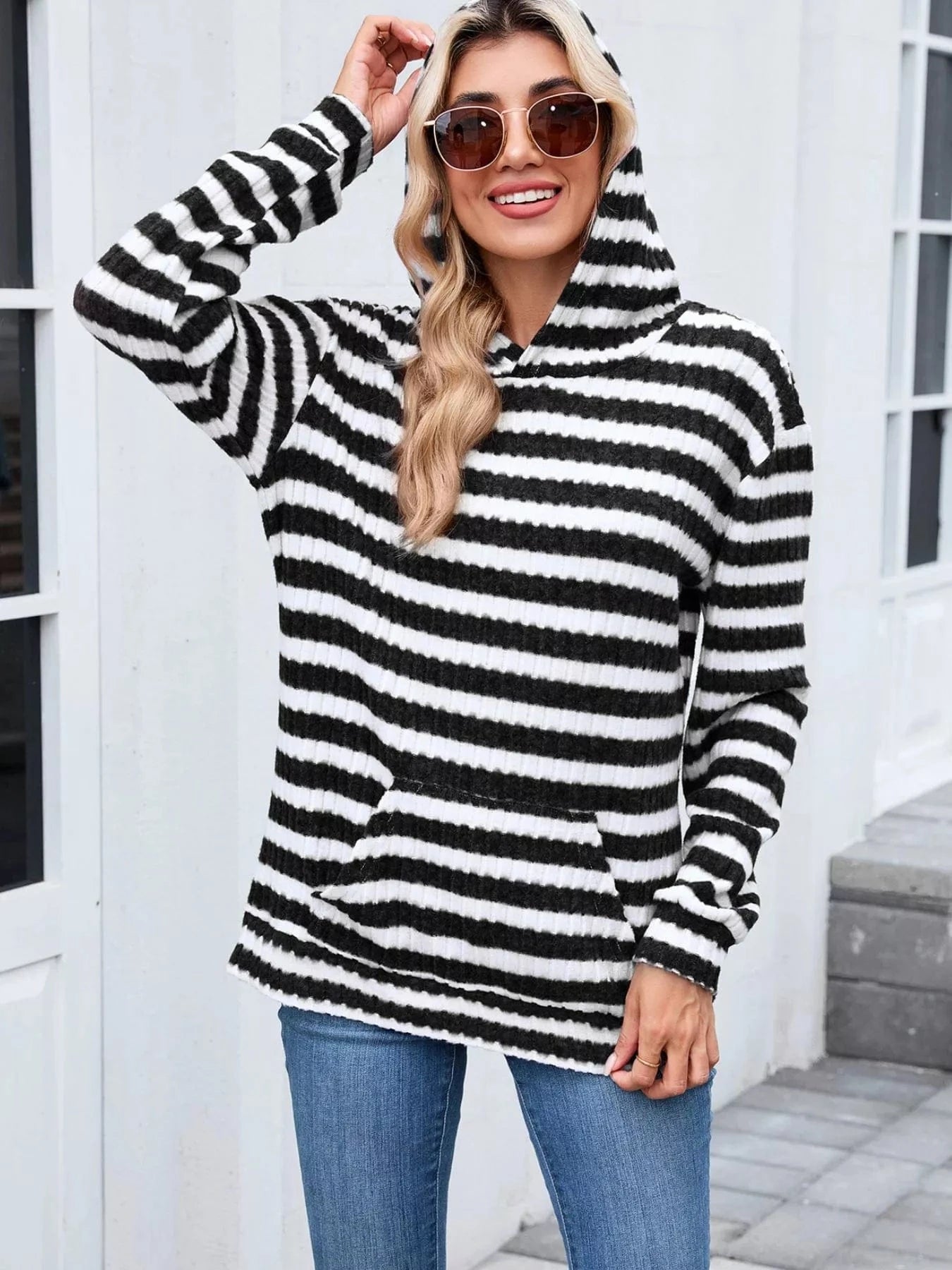 Striped Dropped Shoulder Hoodie Tops and sweaters and T-Shirts