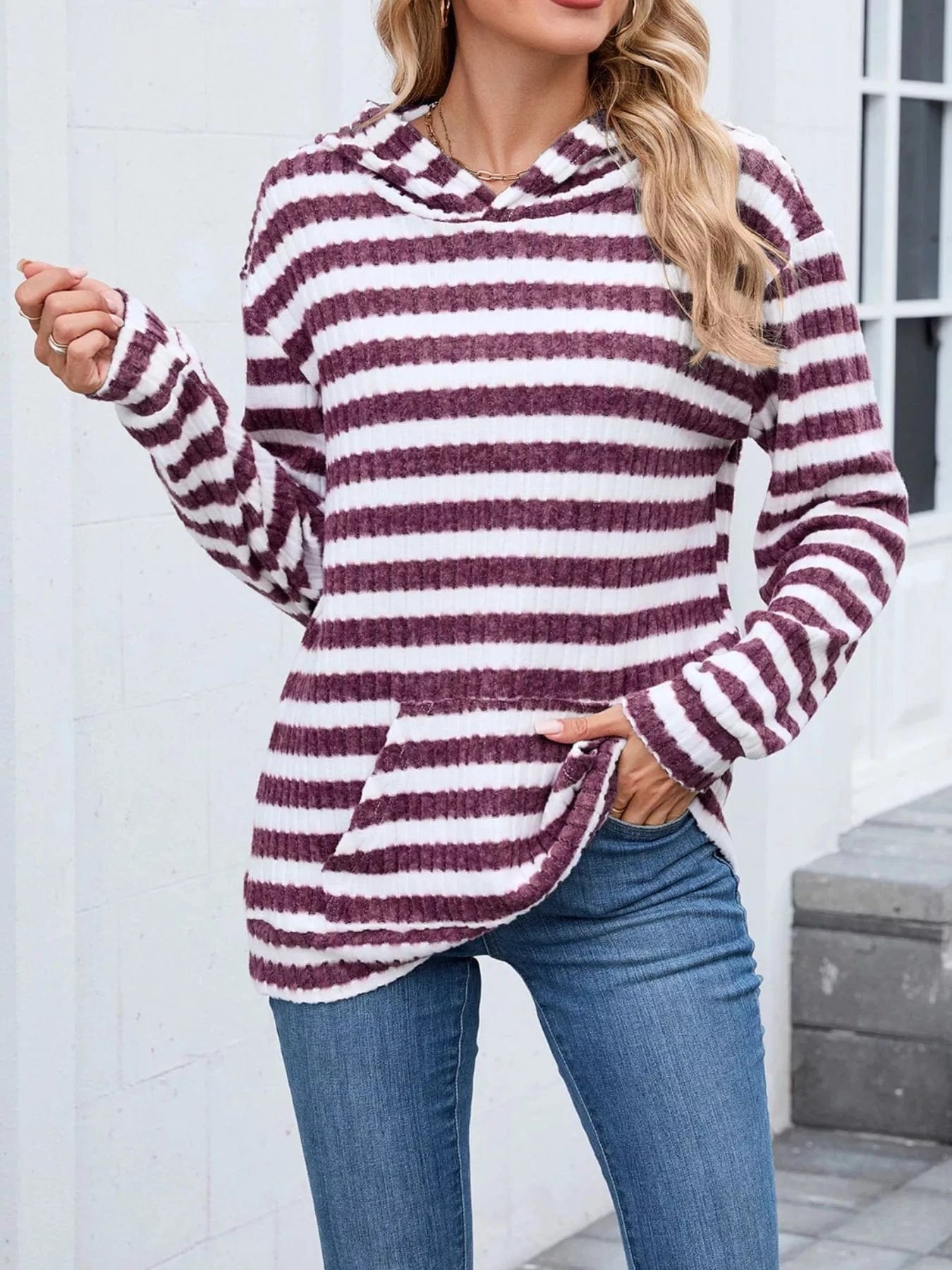 Striped Dropped Shoulder Hoodie Tops and sweaters and T-Shirts