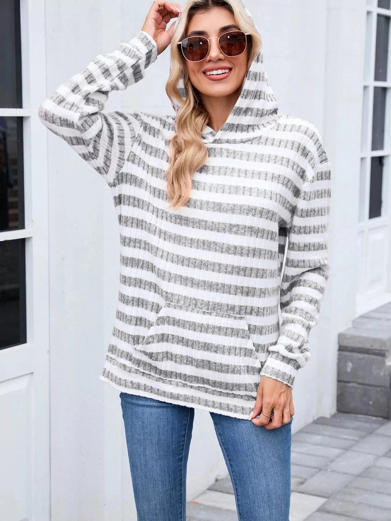 Striped Dropped Shoulder Hoodie Tops and sweaters and T-Shirts