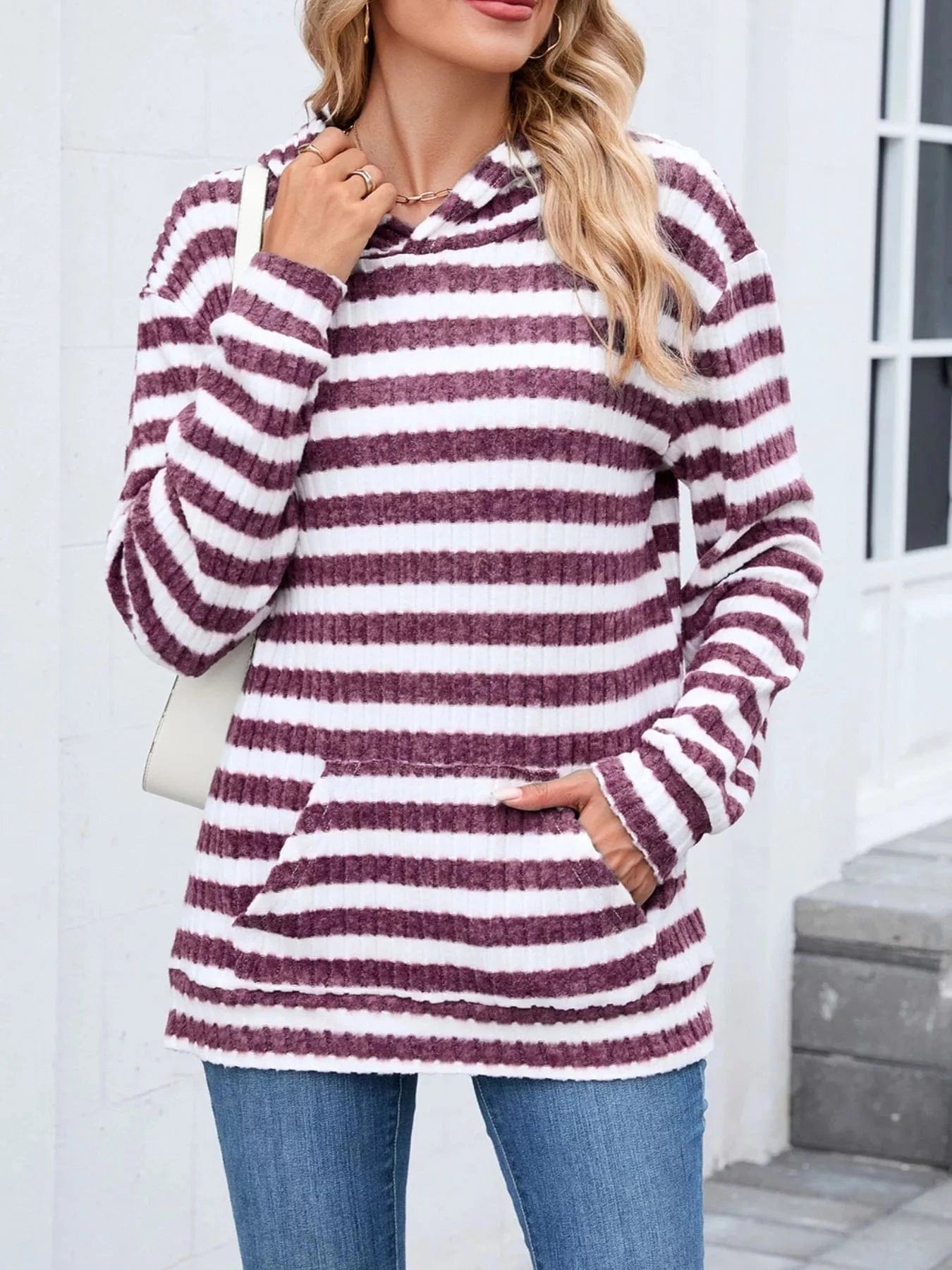 Striped Dropped Shoulder Hoodie Tops and sweaters and T-Shirts