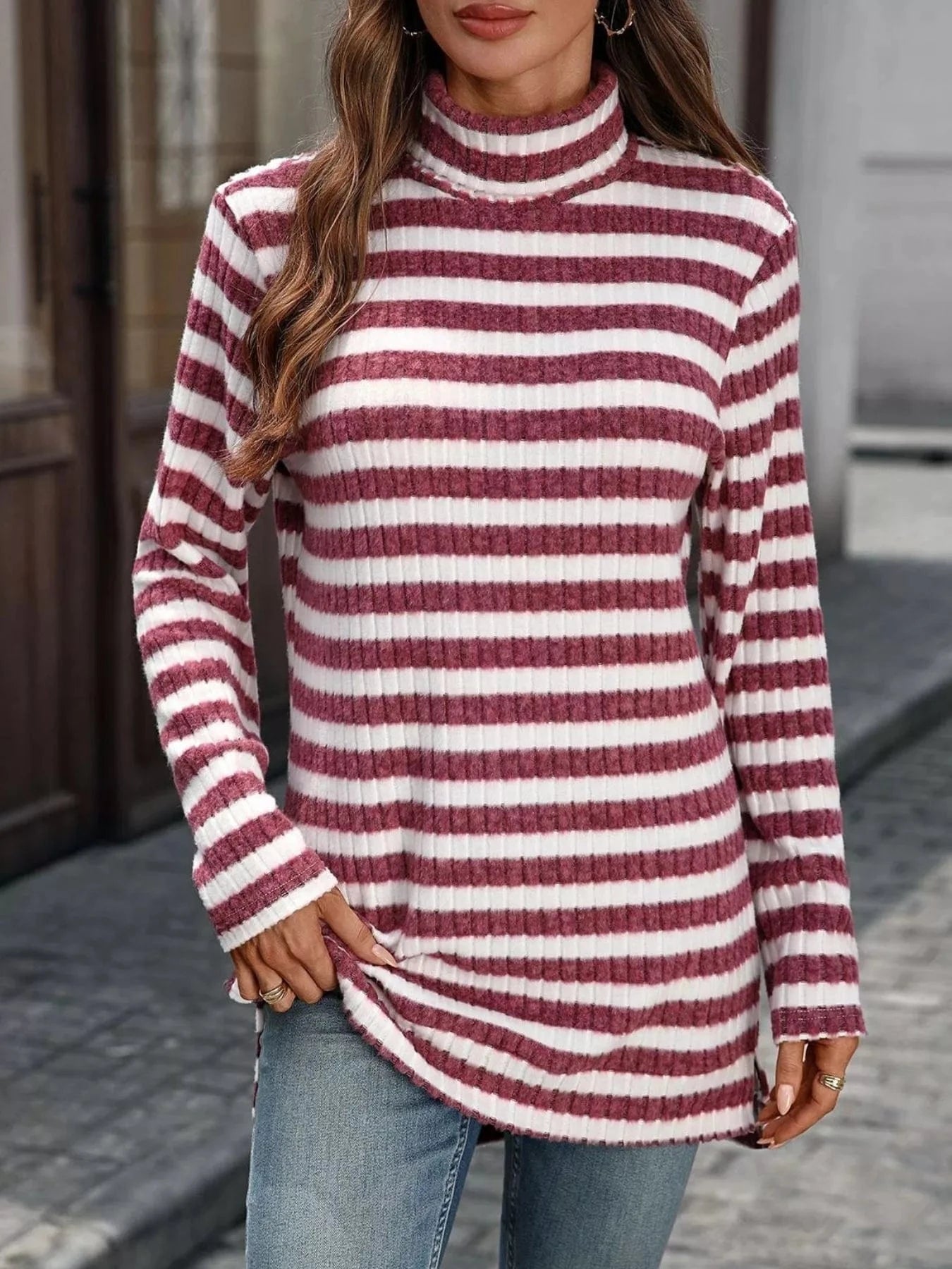 Striped Turtleneck Long Sleeve Knit Top Tops and sweaters and T-Shirts