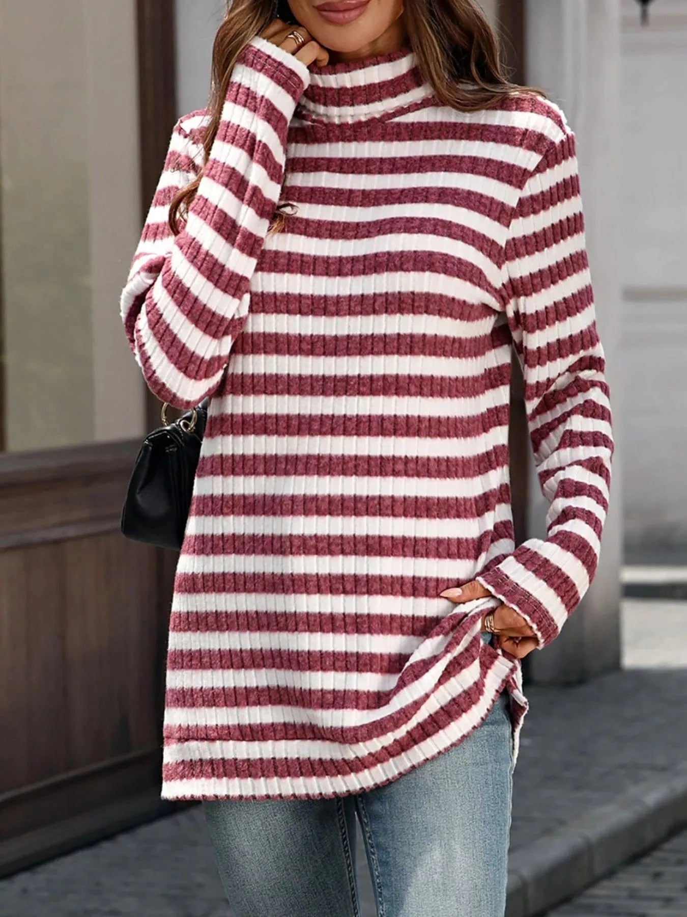 Striped Turtleneck Long Sleeve Knit Top Tops and sweaters and T-Shirts