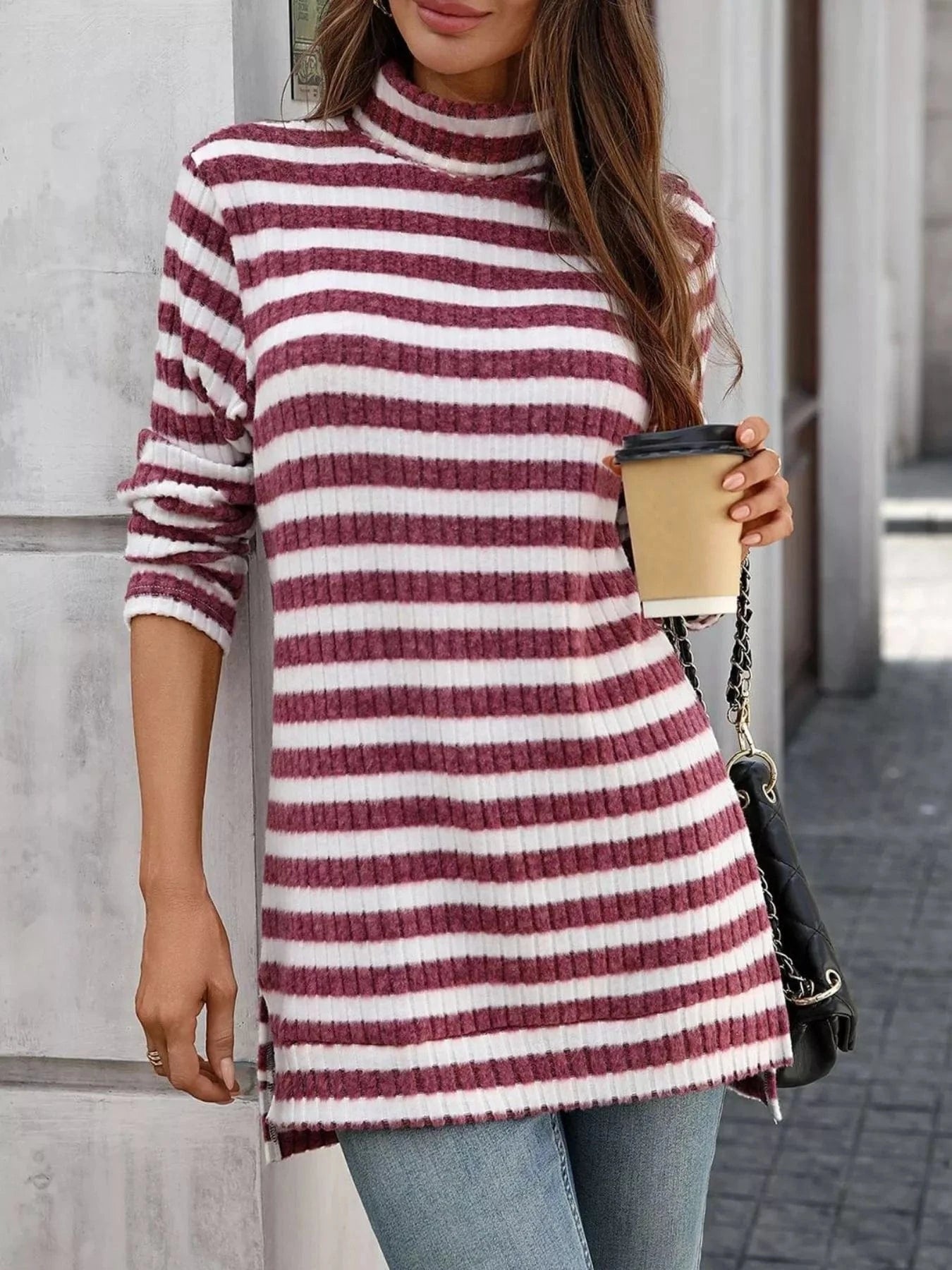 Striped Turtleneck Long Sleeve Knit Top Tops and sweaters and T-Shirts