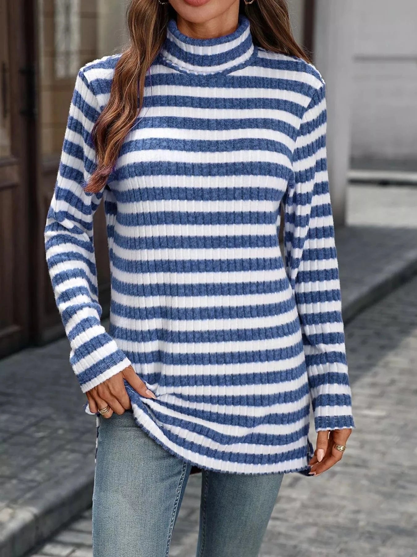 Striped Turtleneck Long Sleeve Knit Top Tops and sweaters and T-Shirts