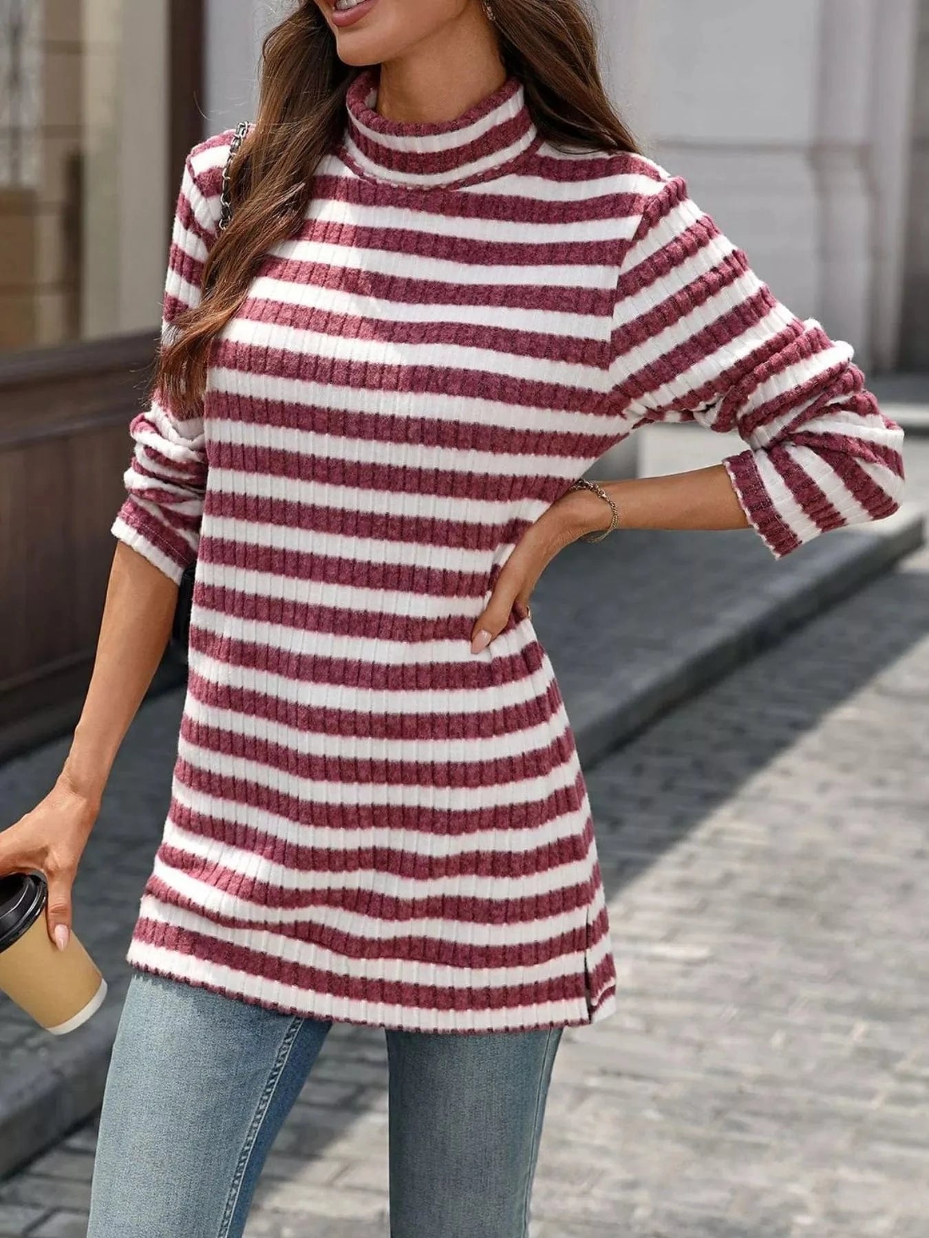 Striped Turtleneck Long Sleeve Knit Top Tops and sweaters and T-Shirts