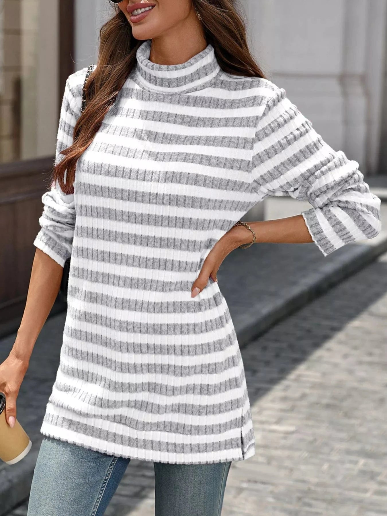 Striped Turtleneck Long Sleeve Knit Top Tops and sweaters and T-Shirts