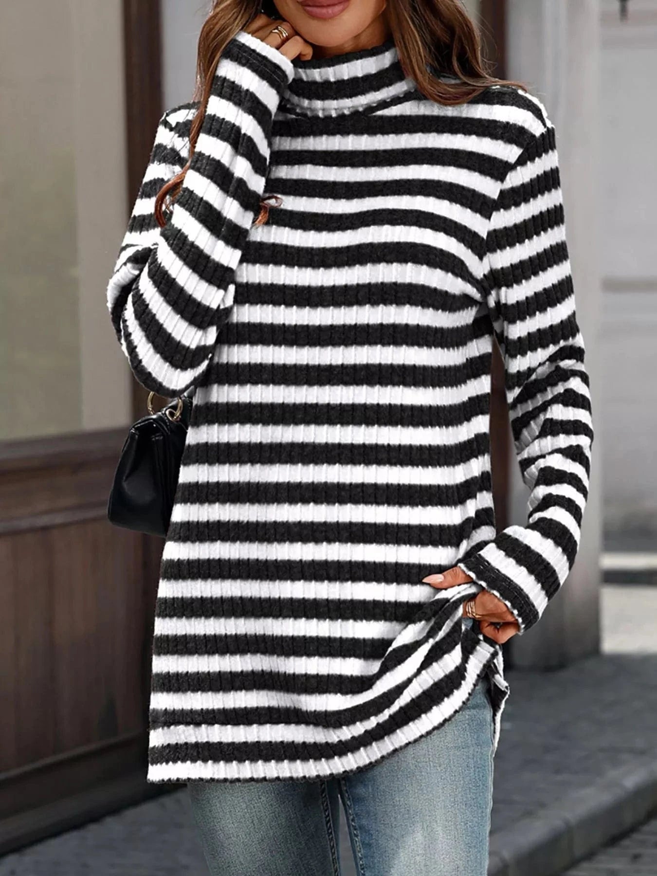 Striped Turtleneck Long Sleeve Knit Top Tops and sweaters and T-Shirts