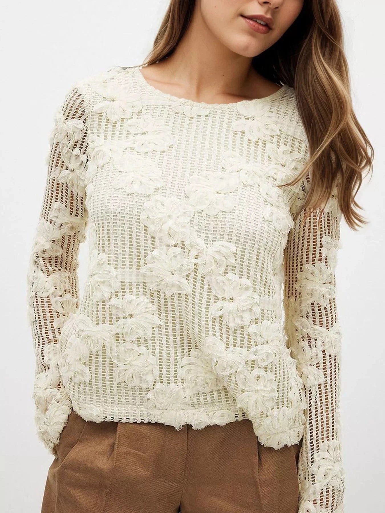 White Openwork Tied Back Long Sleeve Blouse Tops and sweaters and T-Shirts