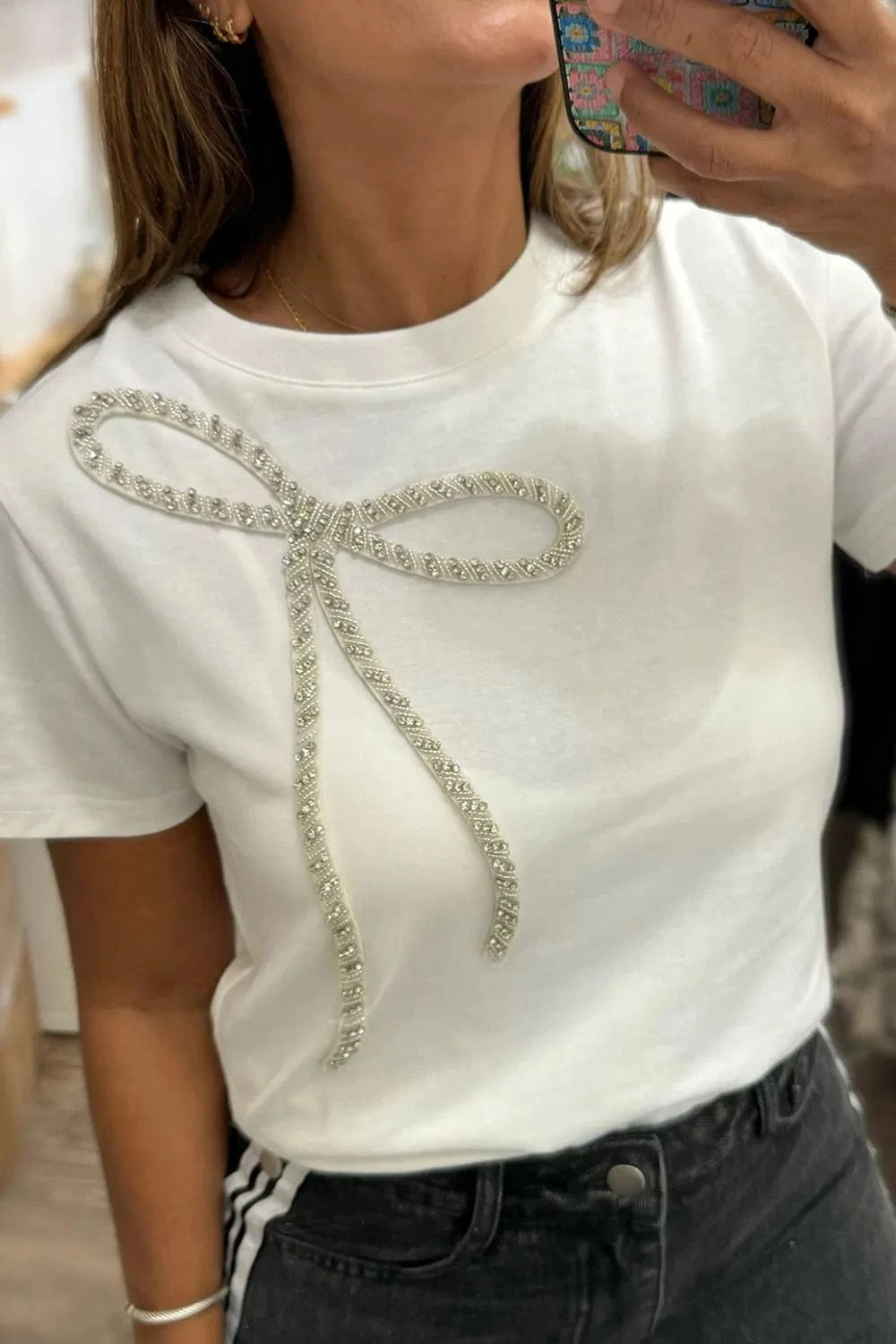 White Rhinestone Bow Round Neck Short Sleeve T-Shirt Tops and sweaters and T-Shirts