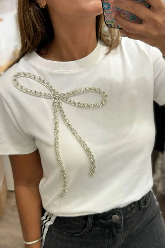 White Rhinestone Bow Round Neck Short Sleeve T-Shirt Tops and sweaters and T-Shirts