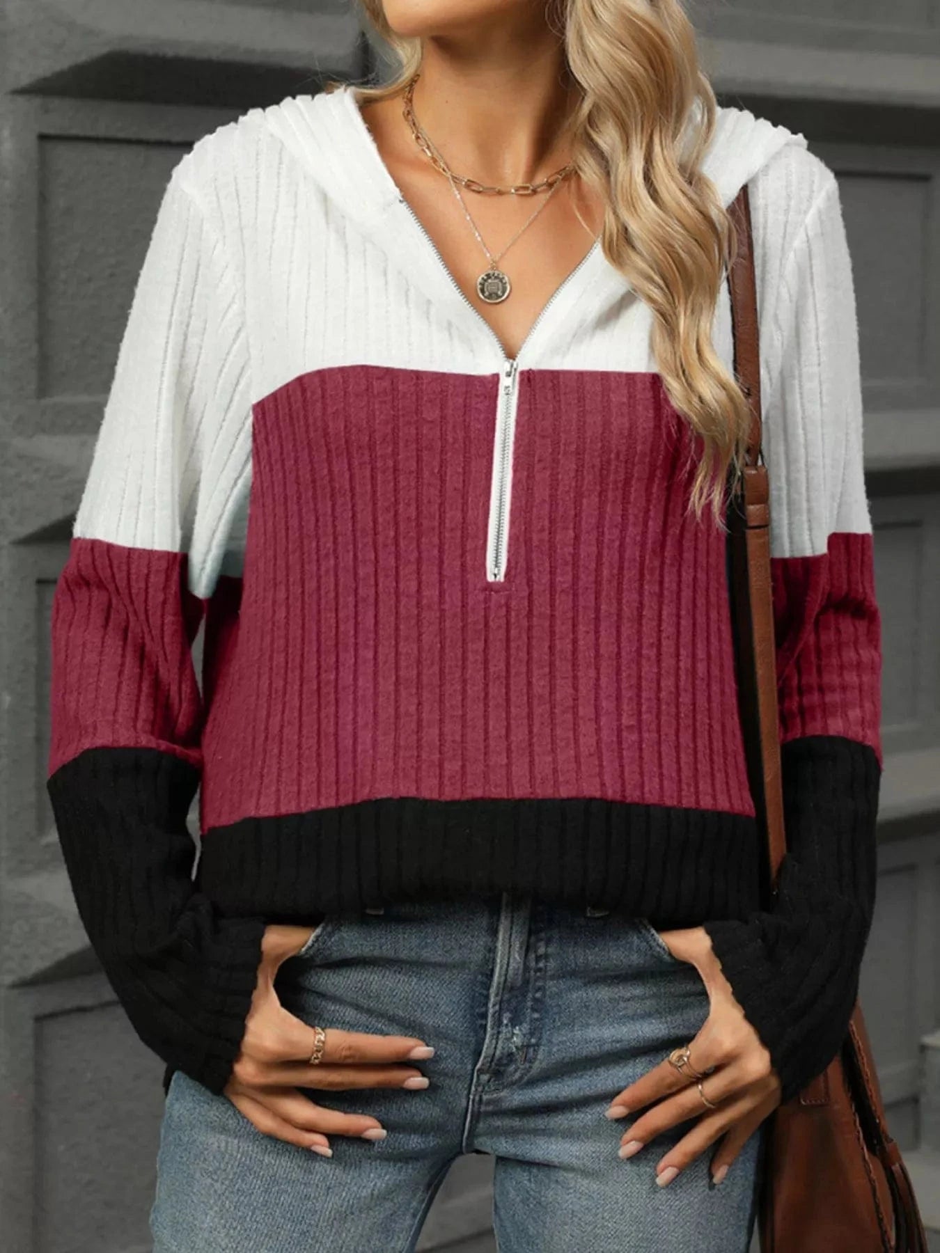 Wine Red Color Block Half Zip Hooded Top Tops and sweaters and T-Shirts