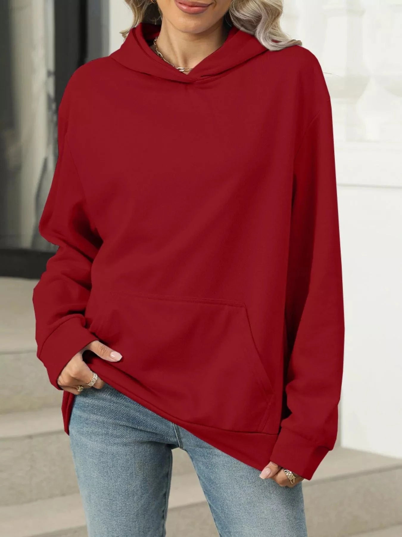Wine Red Kangaroo Pocket Long Sleeve Hoodie Tops and sweaters and T-Shirts