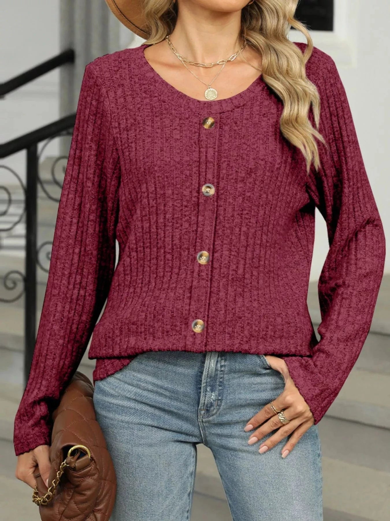 Wine Red Ribbed Round Neck Long Sleeve Top Tops and sweaters and T-Shirts