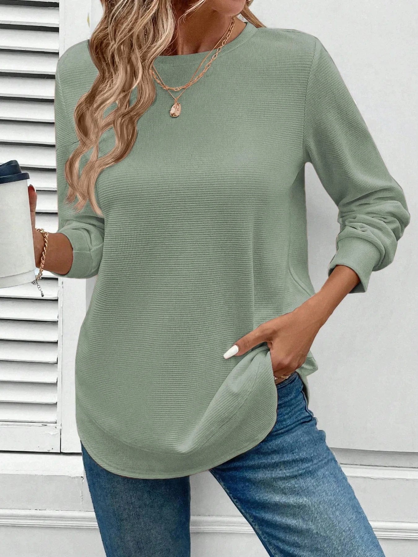 Bean Green Round Neck Long Sleeve Casual Sweatshirt Tops and T-Shirts