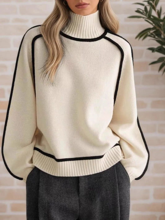 Beige Contrast Trim Turtleneck Sweater Tops and T-Shirts