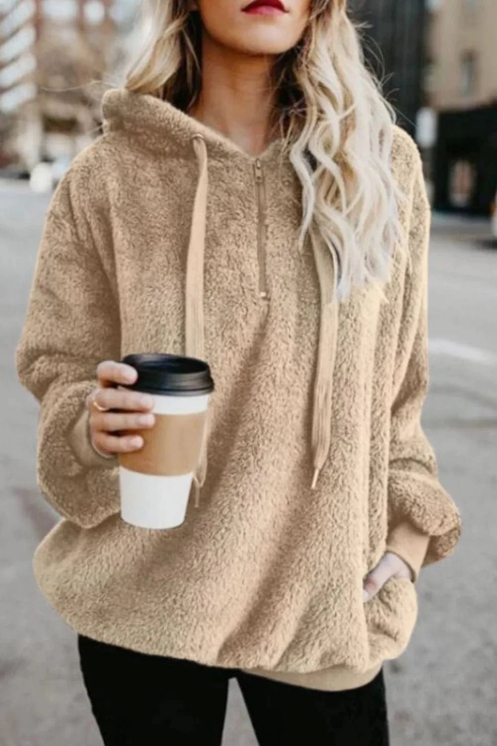 Beige Full Size Quarter-Zip Drawstring Teddy Hoodie Tops and T-Shirts
