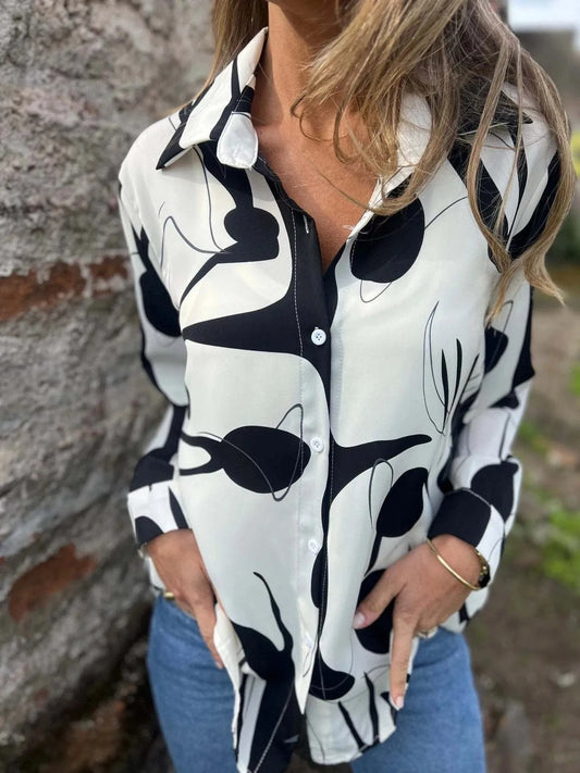 Black Full Size Abstract Print Long Sleeve Button-Up Shirt Plus Size Tops and T-Shirts