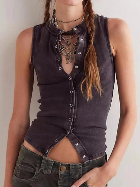 Black Snap Down Round Neck Ribbed Slim Tank Vest Tops and T-Shirts